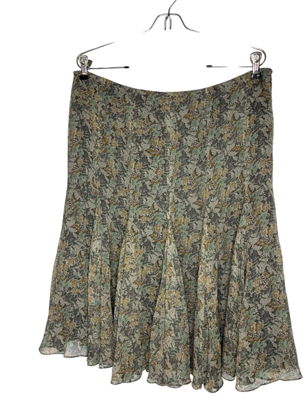 Anne Klein Skirt Women’s 14 100% Silk Floral Godet Green Gold Lined LIKE NEW!